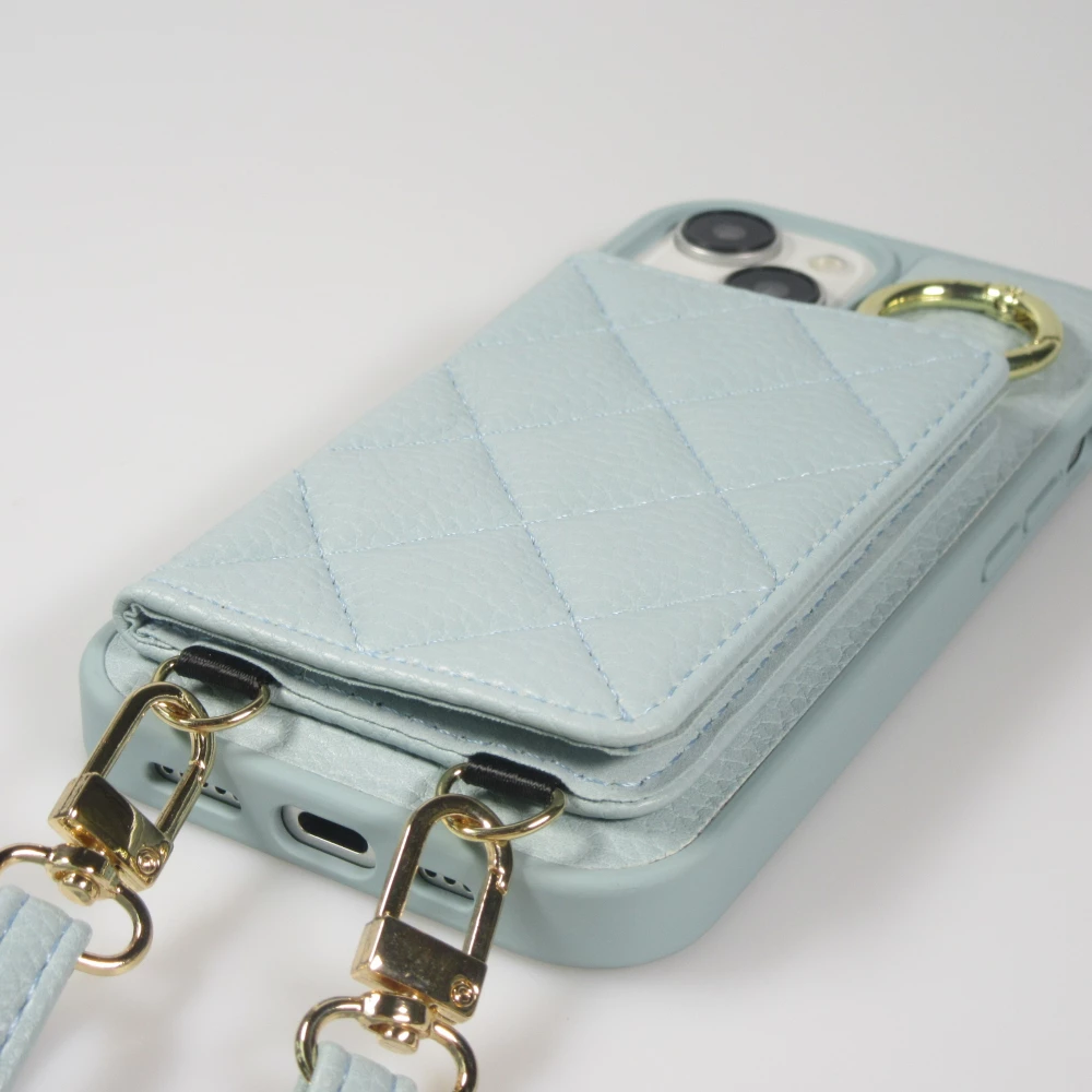 Coque iPhone 15 Pro Max - Cuir matelass&eacute; avec miroir et compartiment carte inclus grande lani&egrave;re amovible - Bleu