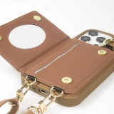 iPhone 15 Pro Max Case H&uuml;lle - Gepolstertes Leder mit Spiegel und Kartenfach gro&szlig;e abnehmbare Riemen - Braun