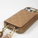 iPhone 15 Pro Max Case H&uuml;lle - Gepolstertes Leder mit Spiegel und Kartenfach gro&szlig;e abnehmbare Riemen - Braun