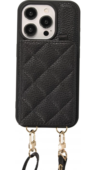 Coque iPhone 15 Pro Max - Cuir matelass&eacute; avec miroir et compartiment carte inclus grande lani&egrave;re amovible - Noir