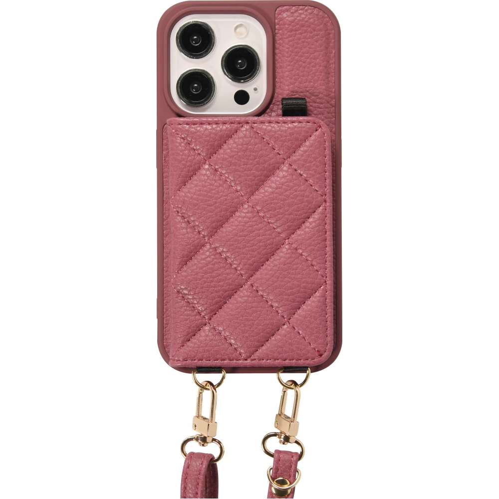 iPhone 15 Pro Max Case H&uuml;lle - Gepolstertes Leder mit Spiegel und Kartenfach gro&szlig;e abnehmbare Riemen - Dunkelviolett