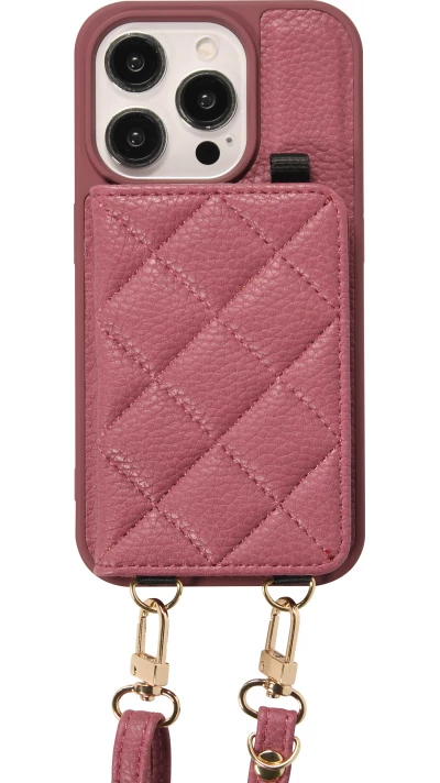 Coque iPhone 15 Pro Max - Cuir matelass&eacute; avec miroir et compartiment carte inclus grande lani&egrave;re amovible - Violet fonc&eacute;