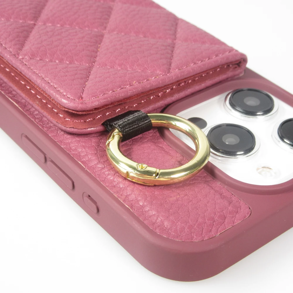 iPhone 15 Pro Max Case H&uuml;lle - Gepolstertes Leder mit Spiegel und Kartenfach gro&szlig;e abnehmbare Riemen - Dunkelviolett
