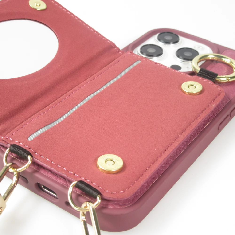 iPhone 15 Pro Max Case H&uuml;lle - Gepolstertes Leder mit Spiegel und Kartenfach gro&szlig;e abnehmbare Riemen - Dunkelviolett