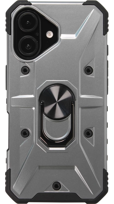 iPhone 16 Case H&uuml;lle - Armor mit Silikon-Eckschutz und St&uuml;tzring - Silber