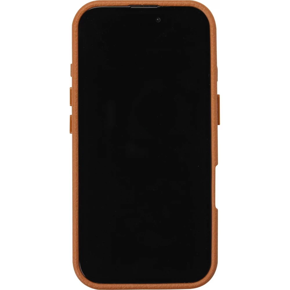 iPhone 16 Case H&uuml;lle - Lederlook mit integrierten Kn&ouml;pfen und dreieckigem Design um die Kamera - Braun