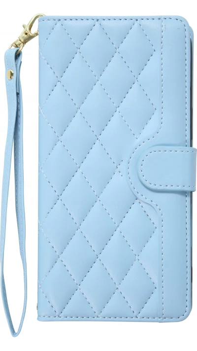 Coque iPhone 16 - Flip matelass&eacute; &eacute;l&eacute;gant avec fermeture magn&eacute;tique et lani&egrave;re et emplacements pour cartes - Bleu