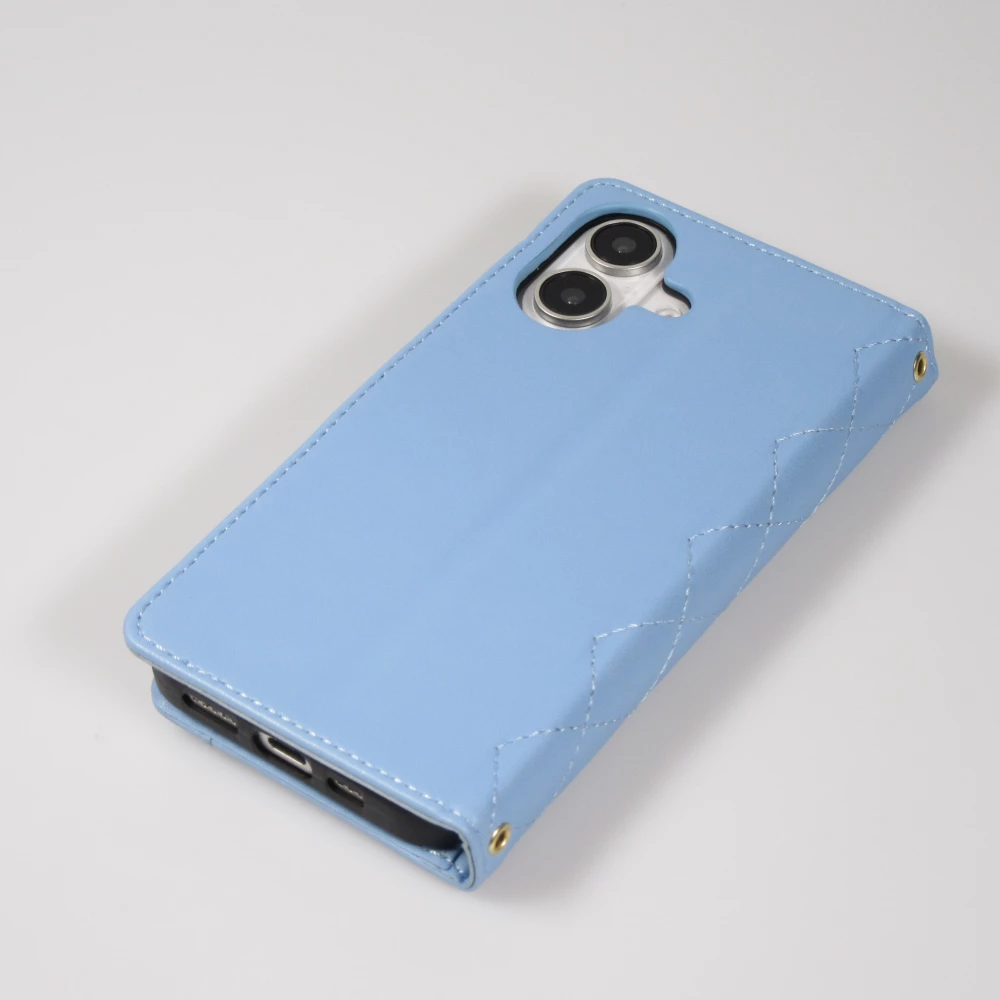 iPhone 16 Case H&uuml;lle - Elegante Flip-Matratze mit Magnetverschluss Trageband und Kartenf&auml;chern - Blau