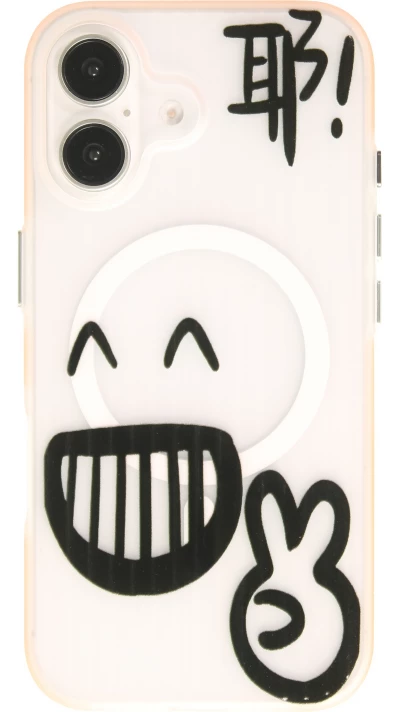 iPhone 16 Case H&uuml;lle - Lustiger Sketch mit orangefarbenen R&auml;ndern und MagSafe - Transparent