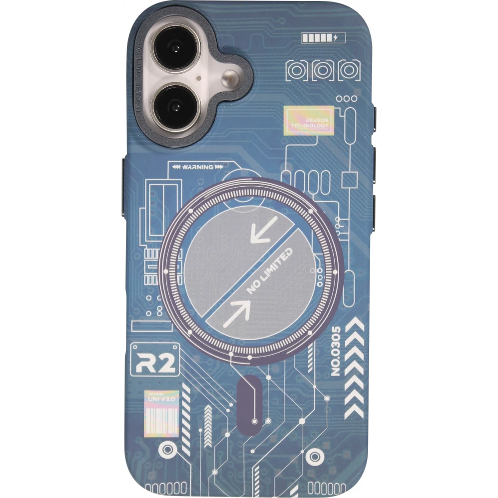 Coque iPhone 16 - Futuriste avec design circuit, boutons int&eacute;gr&eacute;s & MagSafe compatible - Bleu