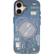 Coque iPhone 16 - Futuriste avec design circuit, boutons int&eacute;gr&eacute;s & MagSafe compatible - Bleu