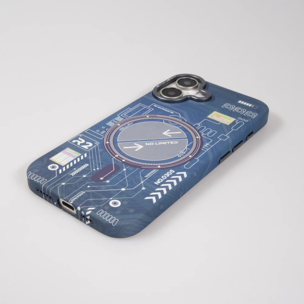 Coque iPhone 16 - Futuriste avec design circuit, boutons int&eacute;gr&eacute;s & MagSafe compatible - Bleu