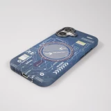 Coque iPhone 16 - Futuriste avec design circuit, boutons int&eacute;gr&eacute;s & MagSafe compatible - Bleu