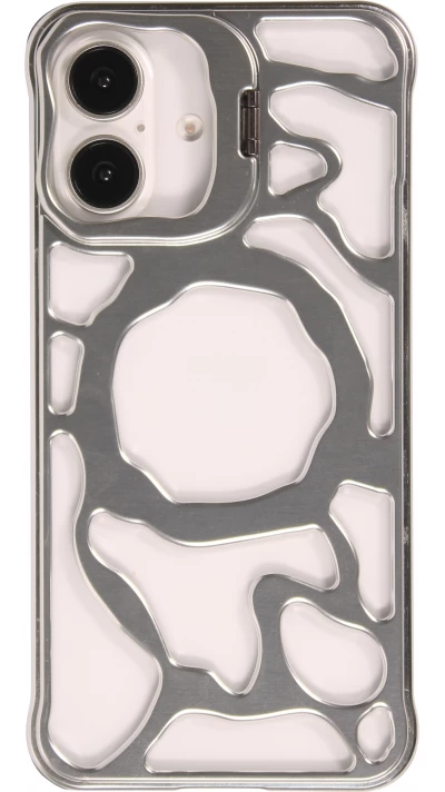 Coque iPhone 16 - Motifs organiques Argent&eacute;es et support cam&eacute;ra int&eacute;gr&eacute; - Argent