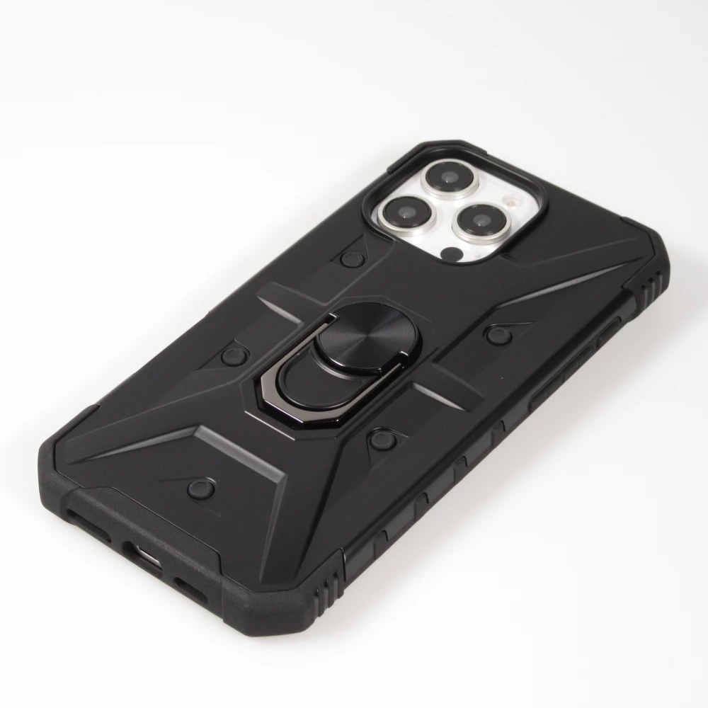 Coque iPhone 16 Pro - Armor avec protection des coins en silicone et anneau de soutien - Noir