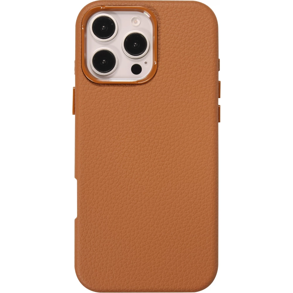 Coque iPhone 16 Pro - Effet cuir avec boutons int&eacute;gr&eacute;s et design autour de la cam&eacute;ra - Brun