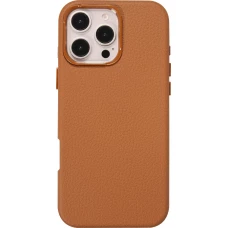 Coque iPhone 16 Pro - Effet cuir avec boutons int&eacute;gr&eacute;s et design autour de la cam&eacute;ra - Brun