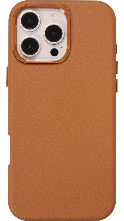 Coque iPhone 16 Pro - Effet cuir avec boutons int&eacute;gr&eacute;s et design autour de la cam&eacute;ra - Brun
