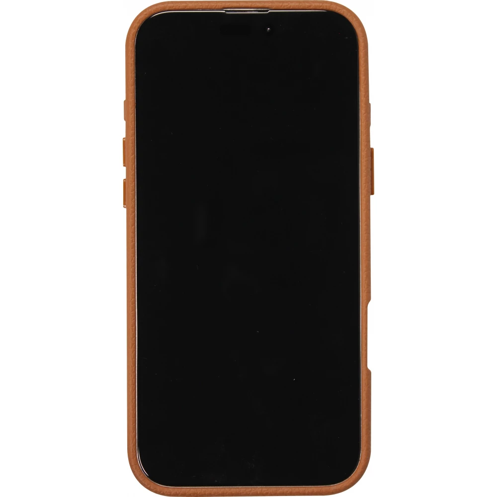 Coque iPhone 16 Pro - Effet cuir avec boutons int&eacute;gr&eacute;s et design autour de la cam&eacute;ra - Brun
