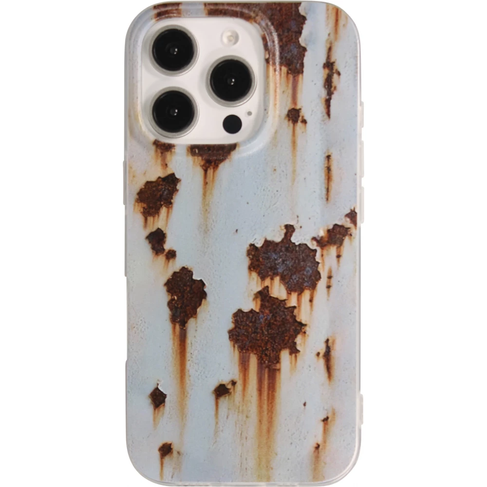 Coque iPhone 16 Pro - Effet rouille vintage en silicone rigide style industriel - Bleu
