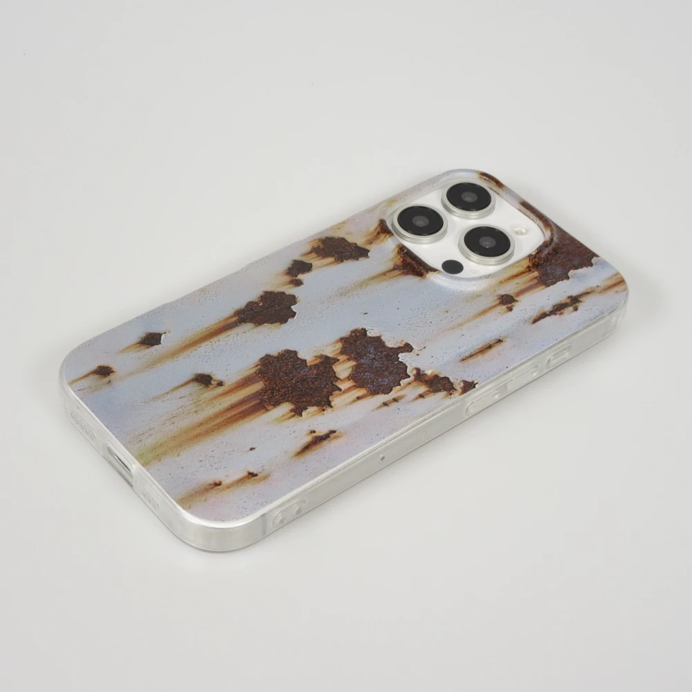 Coque iPhone 16 Pro - Effet rouille vintage en silicone rigide style industriel - Bleu