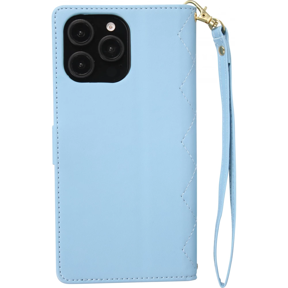 Coque iPhone 16 Pro - Flip matelass&eacute; &eacute;l&eacute;gant avec fermeture magn&eacute;tique et lani&egrave;re et emplacements pour cartes - Bleu