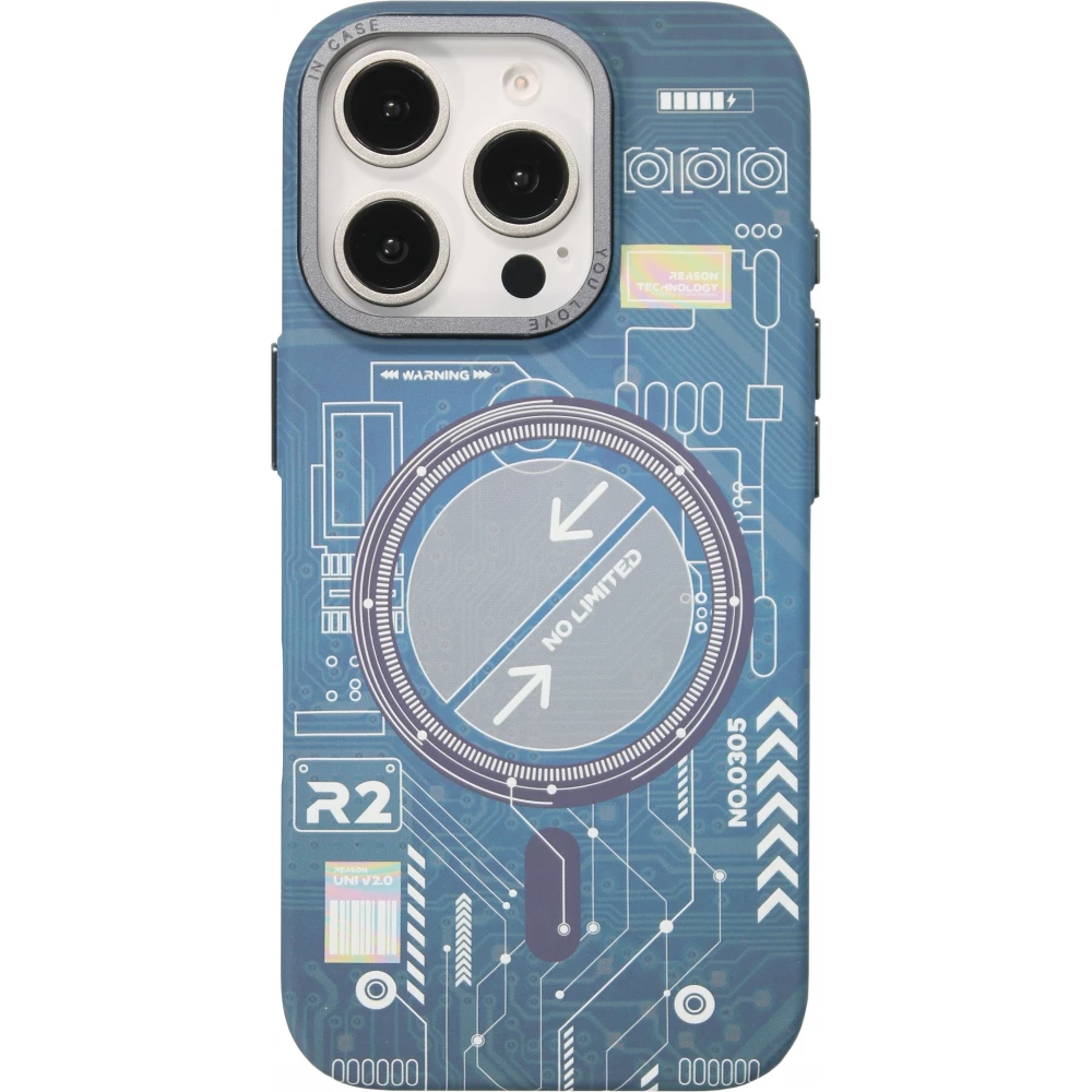 Coque iPhone 16 Pro - Futuriste avec design circuit, boutons int&eacute;gr&eacute;s & MagSafe compatible - Bleu