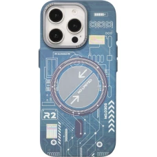 Coque iPhone 16 Pro - Futuriste avec design circuit, boutons int&eacute;gr&eacute;s & MagSafe compatible - Bleu