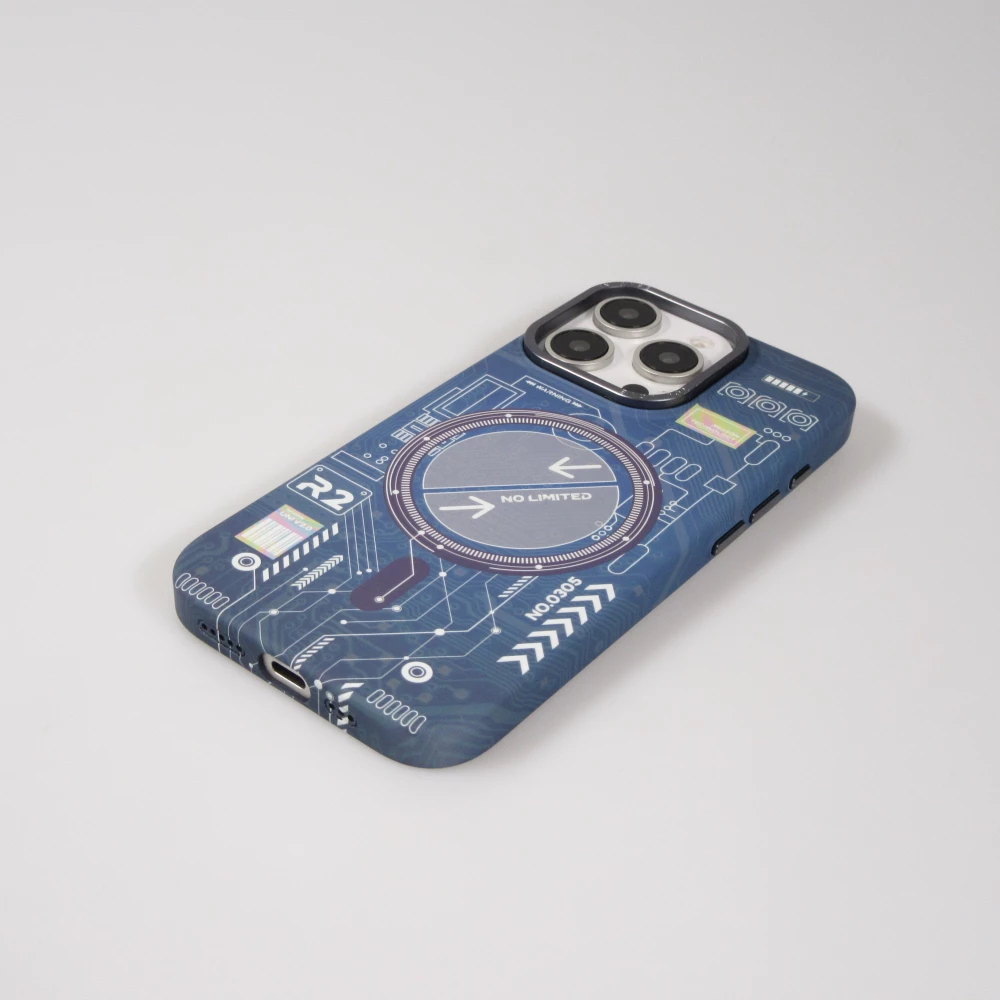 Coque iPhone 16 Pro - Futuriste avec design circuit, boutons int&eacute;gr&eacute;s & MagSafe compatible - Bleu