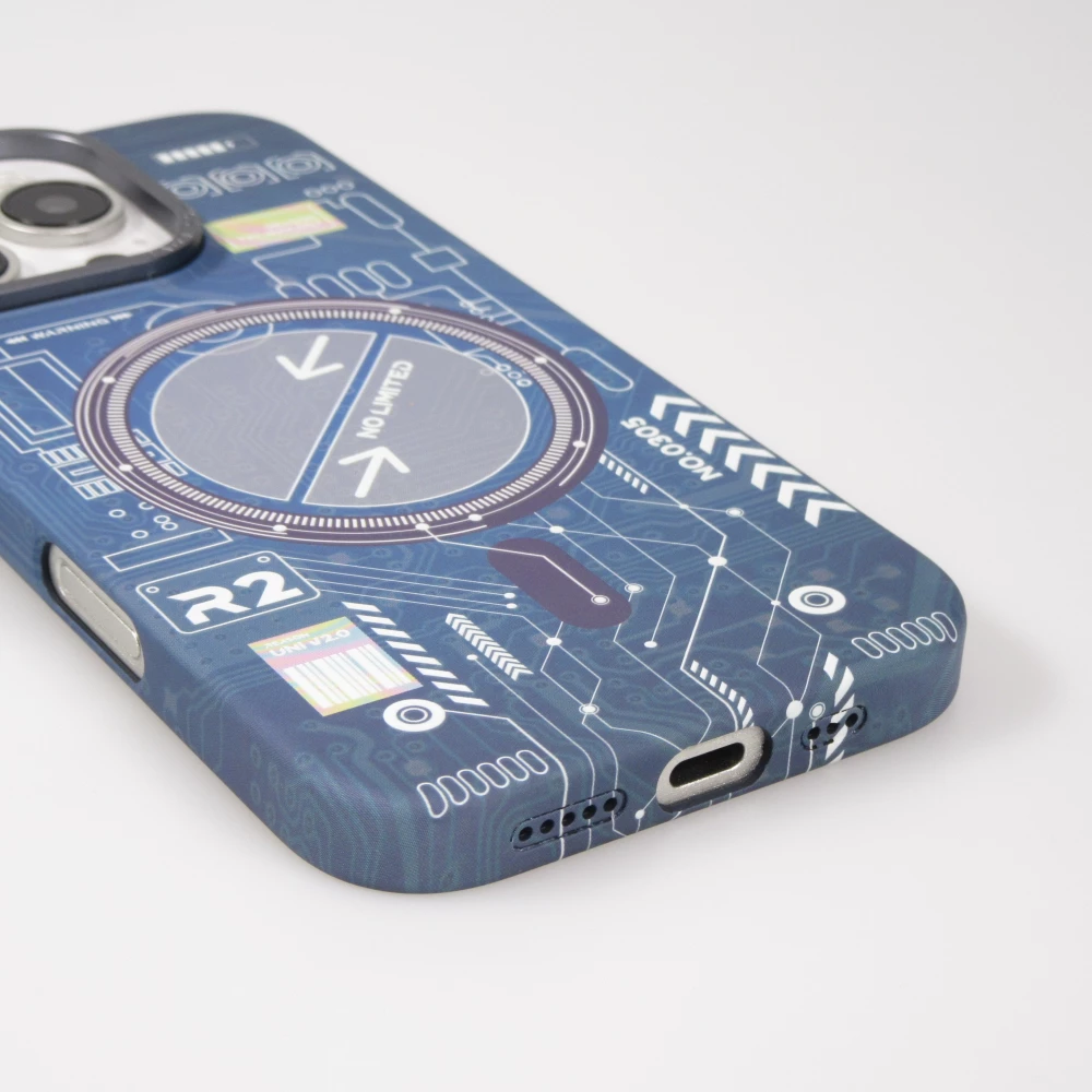 Coque iPhone 16 Pro - Futuriste avec design circuit, boutons int&eacute;gr&eacute;s & MagSafe compatible - Bleu