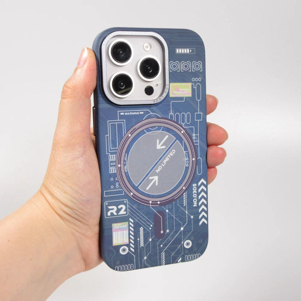 Coque iPhone 16 Pro - Futuriste avec design circuit, boutons int&eacute;gr&eacute;s & MagSafe compatible - Bleu