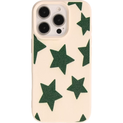 Coque iPhone 16 Pro Max - Lucky stars en silicone effet cuir texturé avec étoiles vertes en relief - Vanille