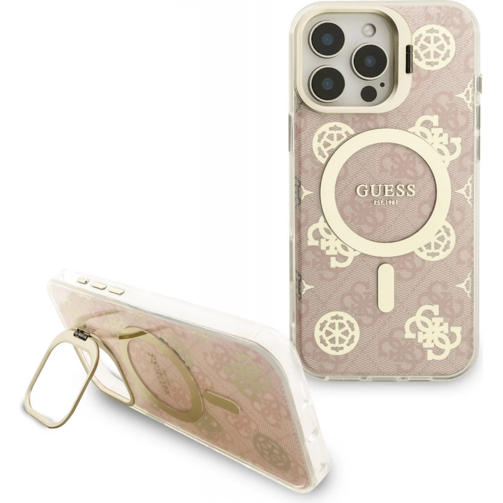 Coque iPhone 16 Pro Max - Guess magn&eacute;tique MagSafe avec plaques interchangeables (rose / brun / noir) et Camera Stand - Transparent