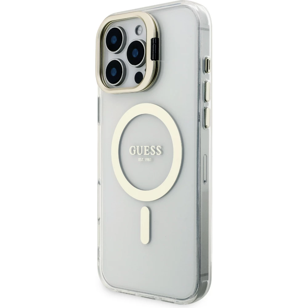 Coque iPhone 16 Pro Max - Guess magn&eacute;tique MagSafe avec plaques interchangeables (rose / brun / noir) et Camera Stand - Transparent
