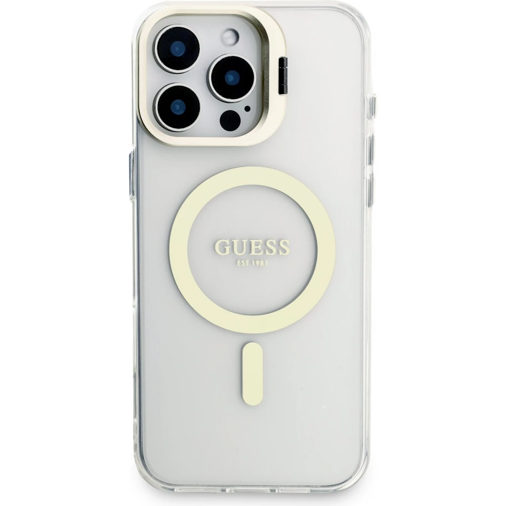 Coque iPhone 16 Pro Max - Guess magn&eacute;tique MagSafe avec plaques interchangeables (rose / brun / noir) et Camera Stand - Transparent