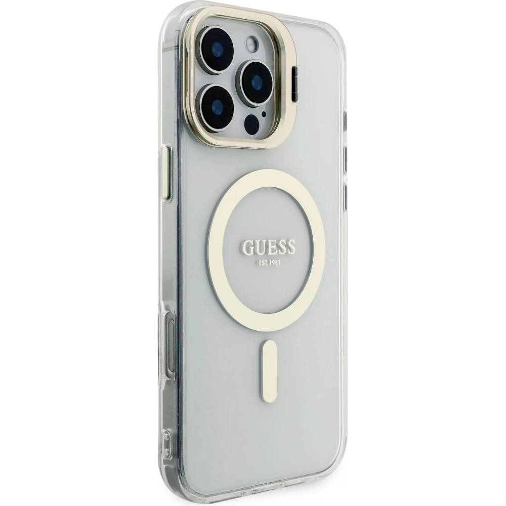 Coque iPhone 16 Pro Max - Guess magn&eacute;tique MagSafe avec plaques interchangeables (rose / brun / noir) et Camera Stand - Transparent