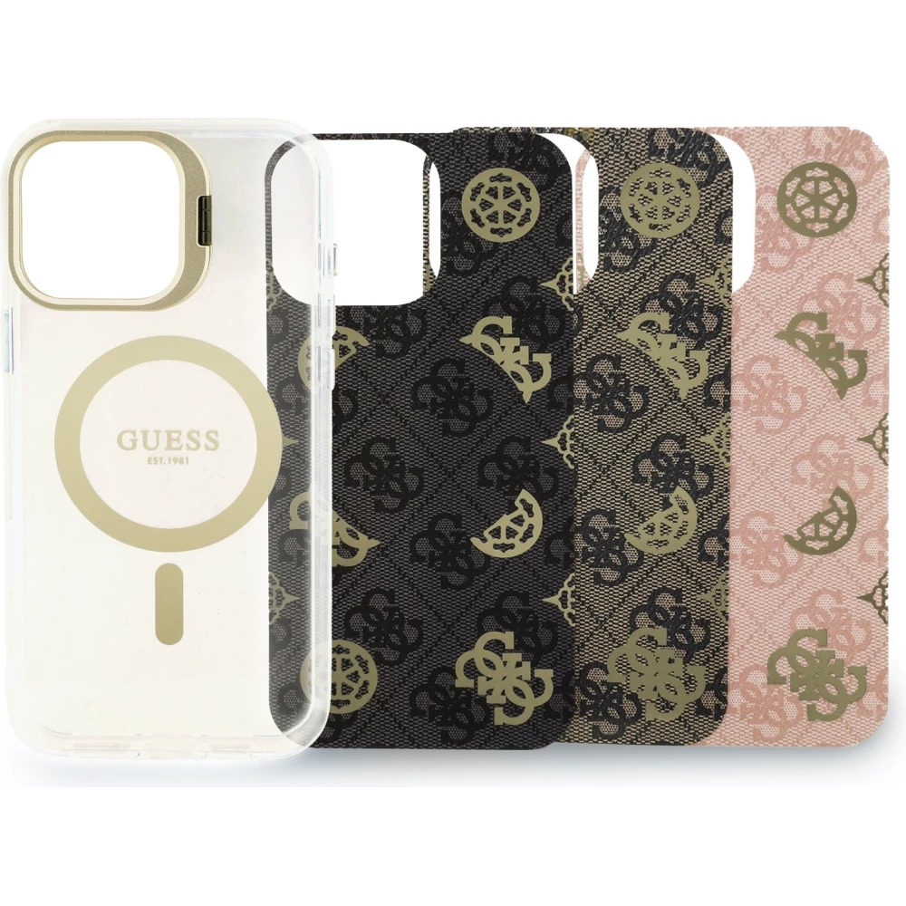 Coque iPhone 16 Pro Max - Guess magn&eacute;tique MagSafe avec plaques interchangeables (rose / brun / noir) et Camera Stand - Transparent