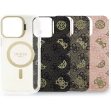 Coque iPhone 16 Pro Max - Guess magn&eacute;tique MagSafe avec plaques interchangeables (rose / brun / noir) et Camera Stand - Transparent