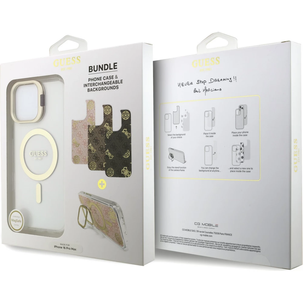 Coque iPhone 16 Pro Max - Guess magn&eacute;tique MagSafe avec plaques interchangeables (rose / brun / noir) et Camera Stand - Transparent