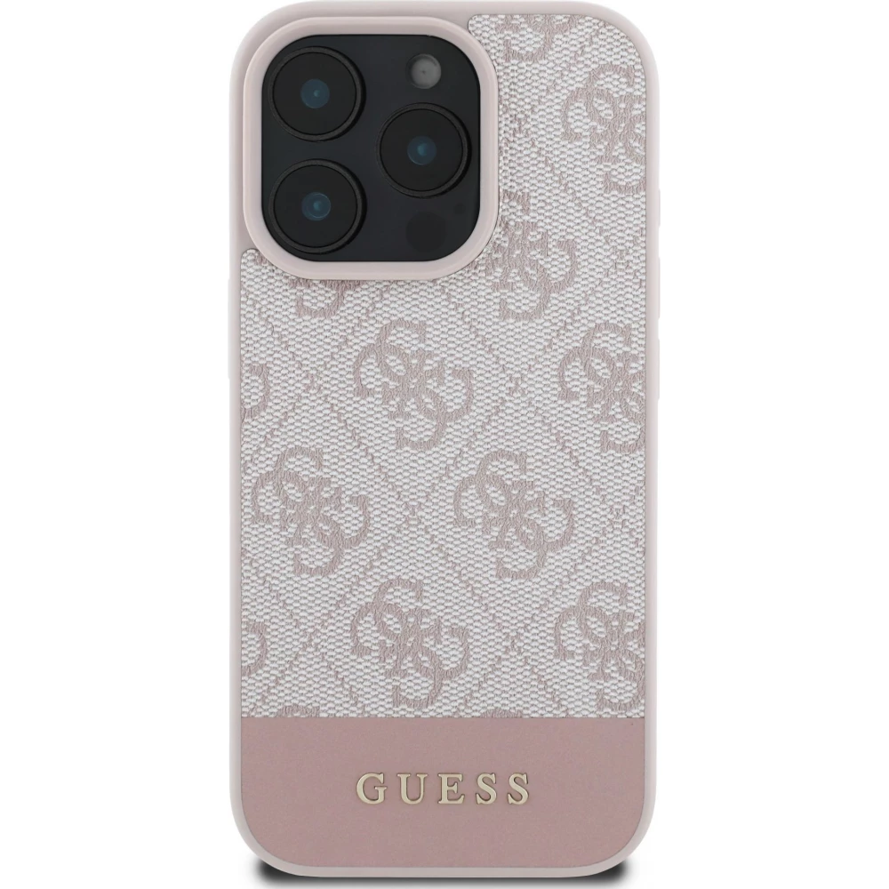 iPhone 16 Pro Max Case H&uuml;lle - Guess 4G Muster mit goldenem 3D-Logo - Rosa