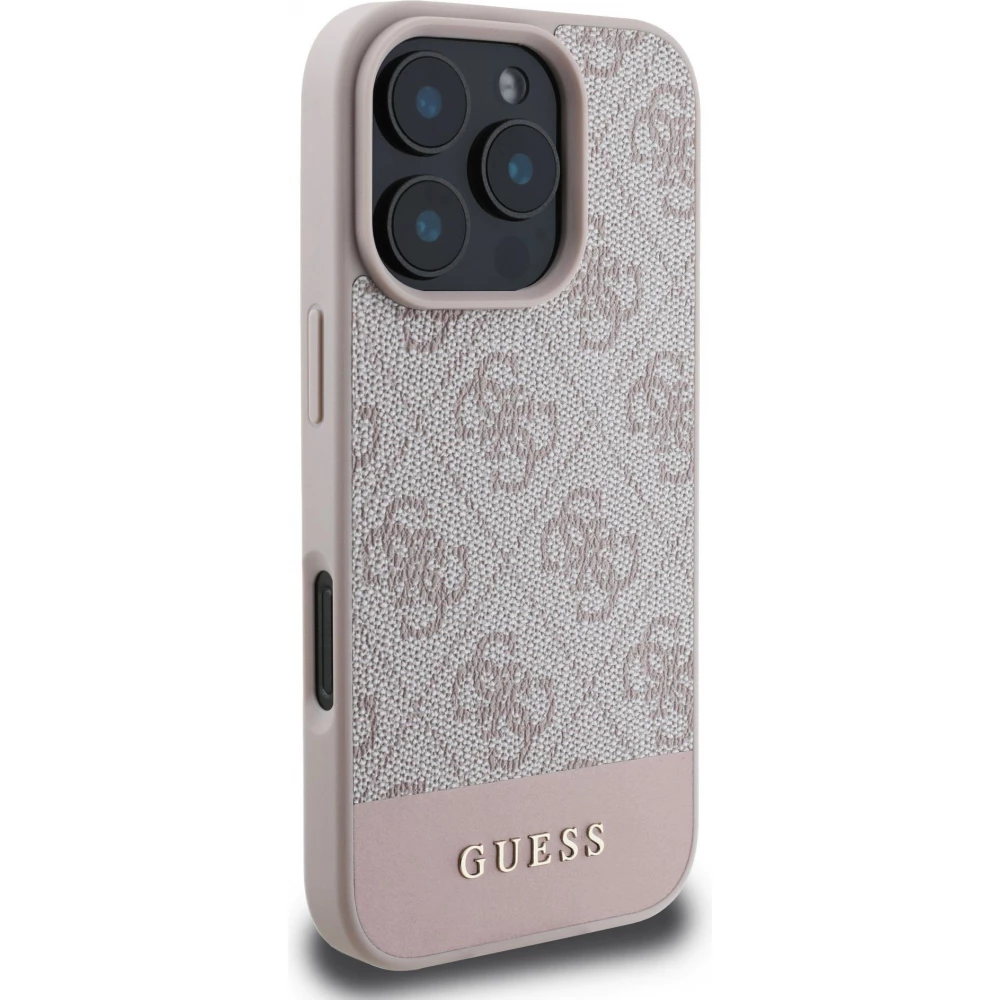 iPhone 16 Pro Max Case H&uuml;lle - Guess 4G Muster mit goldenem 3D-Logo - Rosa