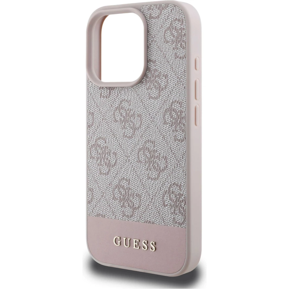 iPhone 16 Pro Max Case H&uuml;lle - Guess 4G Muster mit goldenem 3D-Logo - Rosa