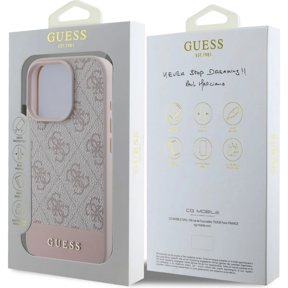 iPhone 16 Pro Max Case H&uuml;lle - Guess 4G Muster mit goldenem 3D-Logo - Rosa