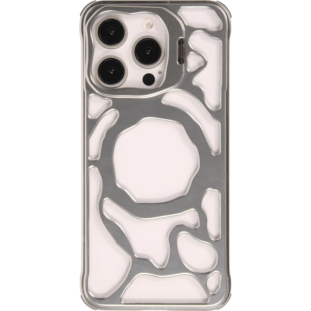 Coque iPhone 16 Pro Max - Motifs organiques Argent&eacute;es et support cam&eacute;ra int&eacute;gr&eacute; - Argent