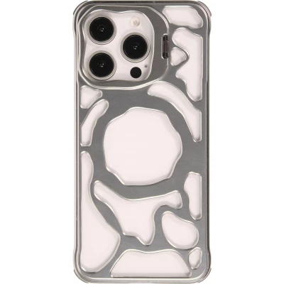 Coque iPhone 16 Pro Max - Motifs organiques Argent&eacute;es et support cam&eacute;ra int&eacute;gr&eacute; - Argent