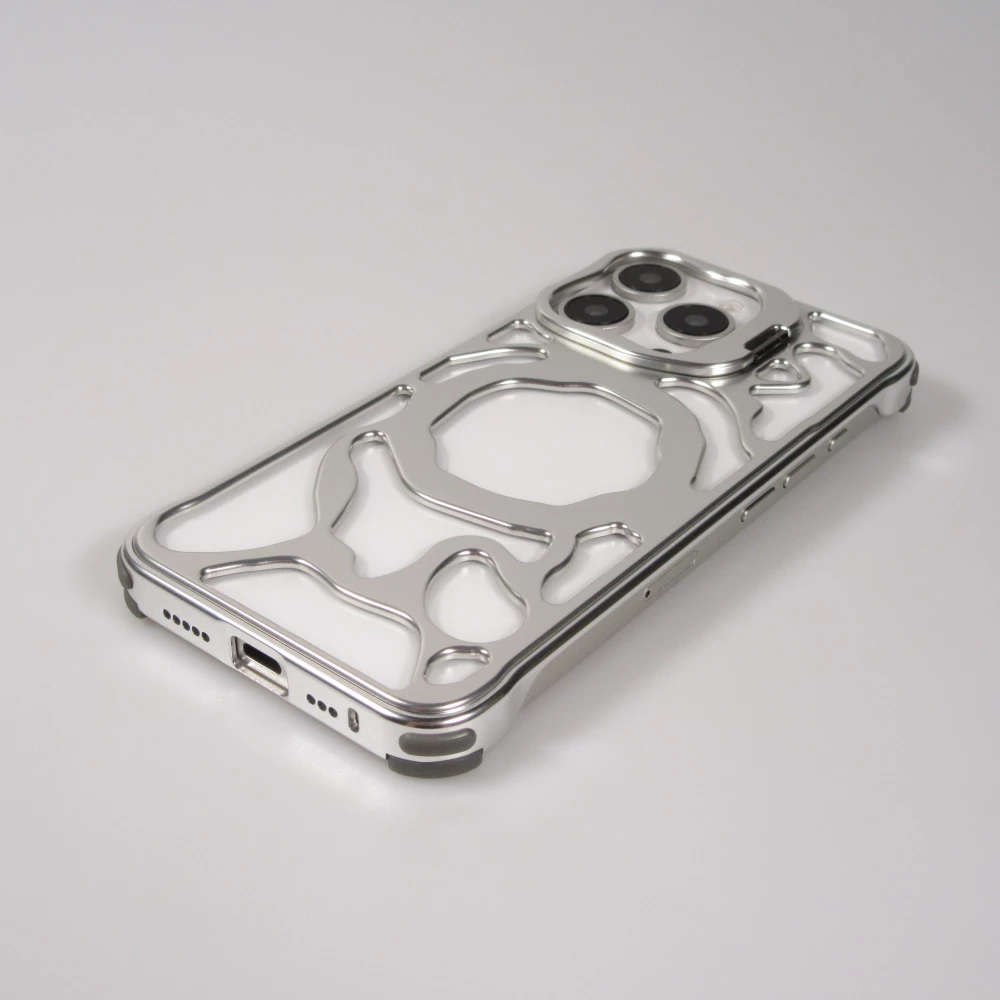 Coque iPhone 16 Pro Max - Motifs organiques Argent&eacute;es et support cam&eacute;ra int&eacute;gr&eacute; - Argent