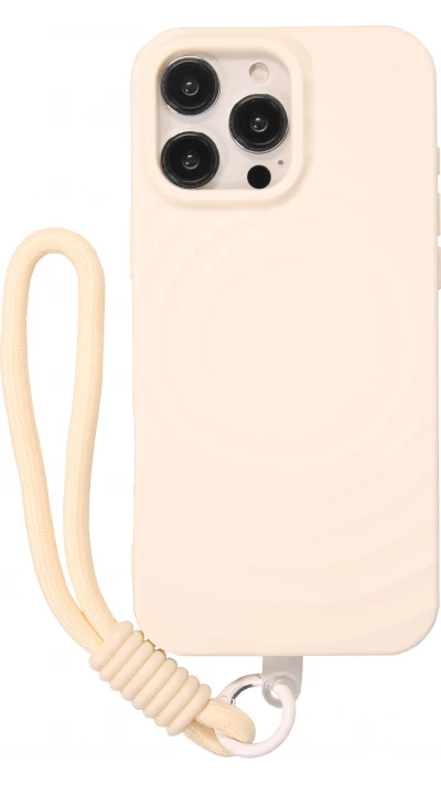 Coque iPhone 16 Pro Max - Silicone Soft Touch MagSafe avec vagues et lani&egrave;re - Blanc
