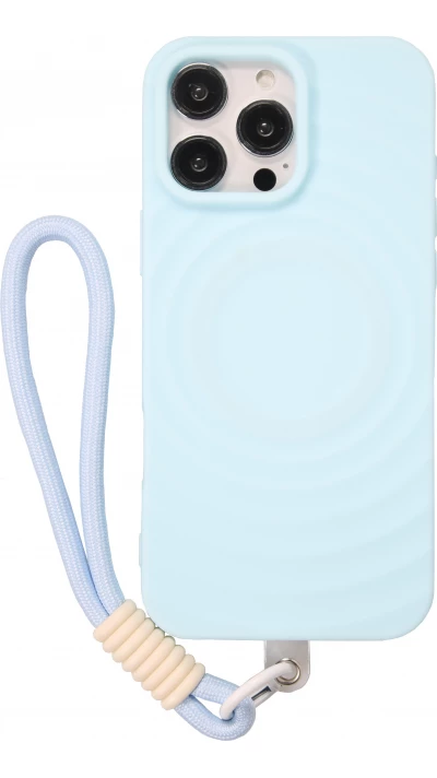 Coque iPhone 16 Pro Max - Silicone Soft Touch MagSafe avec vagues et lani&egrave;re - Bleu