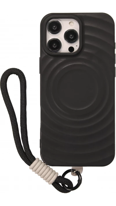 Coque iPhone 16 Pro Max - Silicone Soft Touch MagSafe avec vagues et lani&egrave;re - Noir