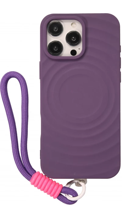 Coque iPhone 16 Pro Max - Silicone Soft Touch MagSafe avec vagues et lani&egrave;re - Violet